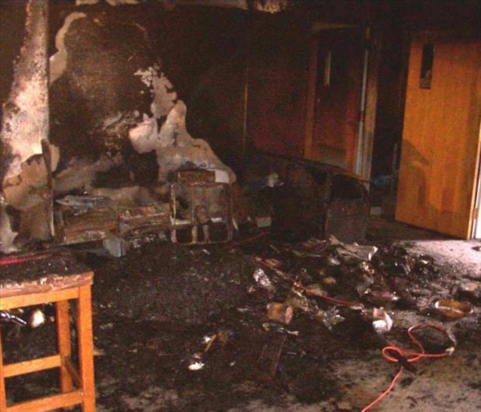 A classroom is destroyed after a fire.