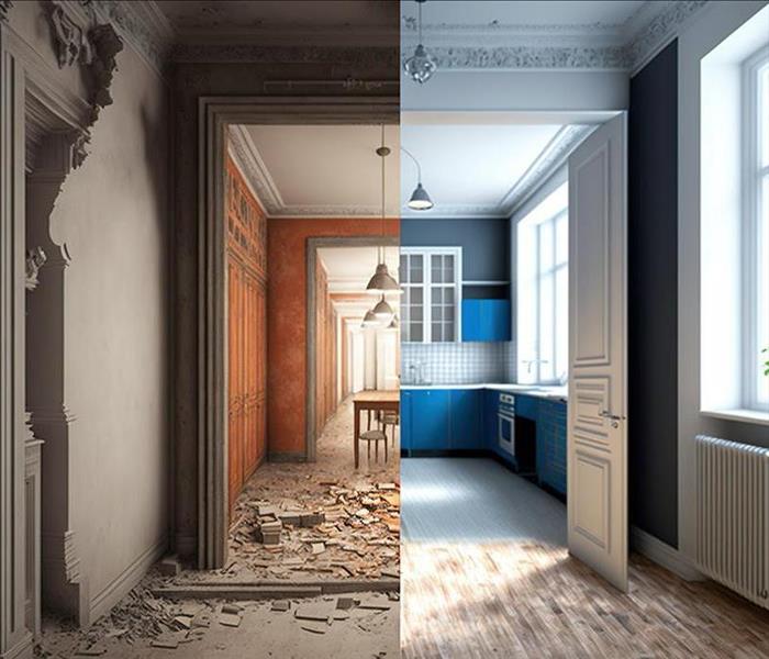 Before and after the damage renovation photo, the left shows the damaged home interior and the right shows the improvements m